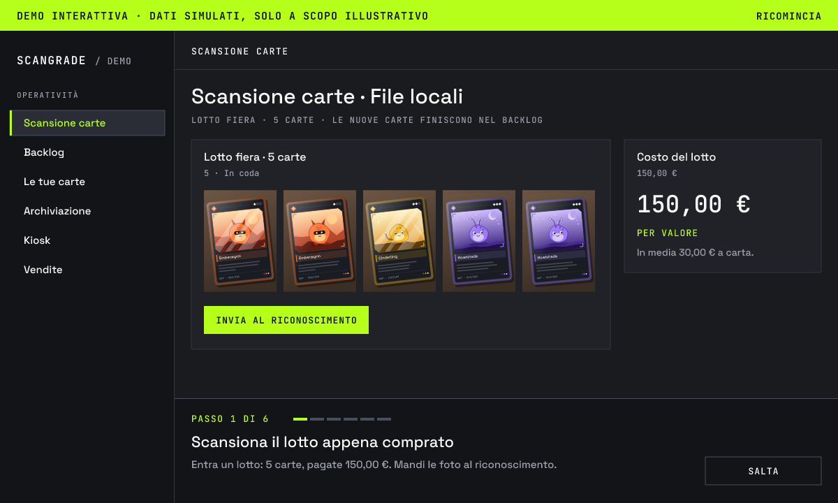 Anteprima della demo guidata: la webapp simulata sotto l’avviso «Demo interattiva · dati simulati, solo a scopo illustrativo».